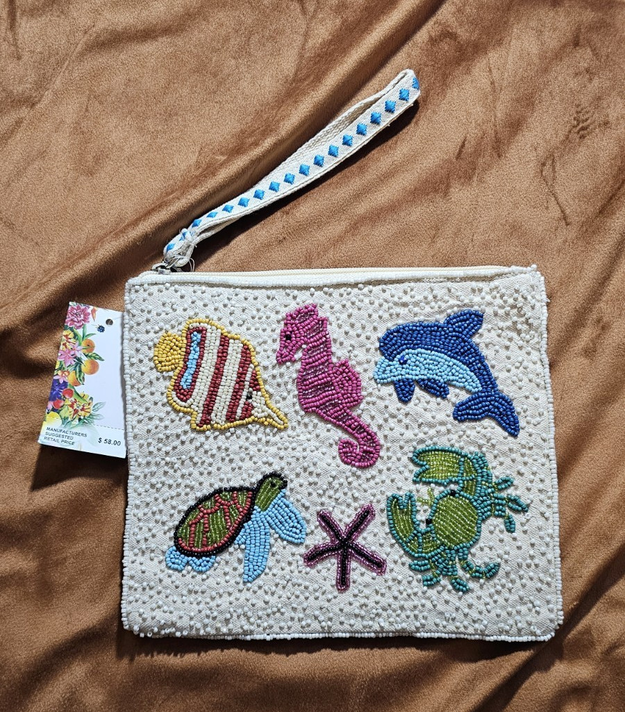 White & Multicolor Beaded Sea Life Wristlet Zip Pouch
