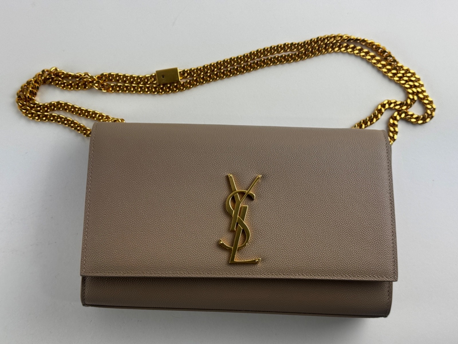 Saint Laurent Grain De Poudre Medium Monogram Kate Satchel Bag Dark Beige YSL