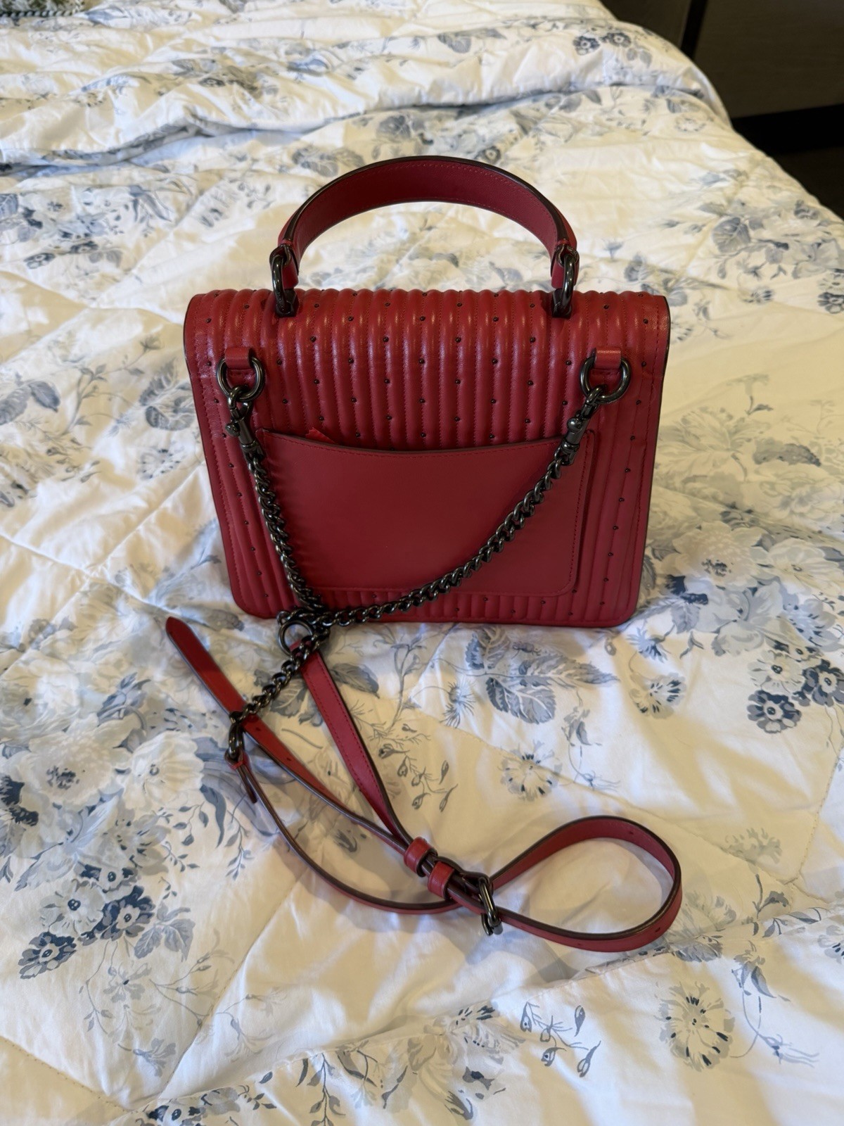 Coach Red Quilted Satchel Top Handle Turn Lock Chain Accent Detachable Strap