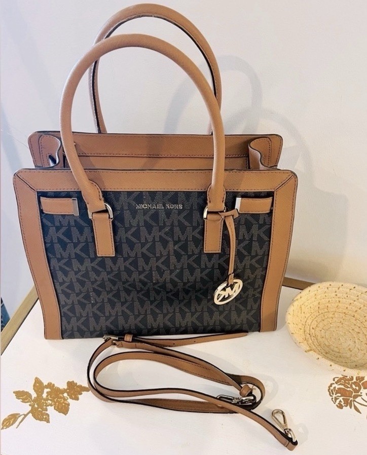 Michael Kors Brown Signature Monogram Satchel Crossbody Bag Gold Hardware