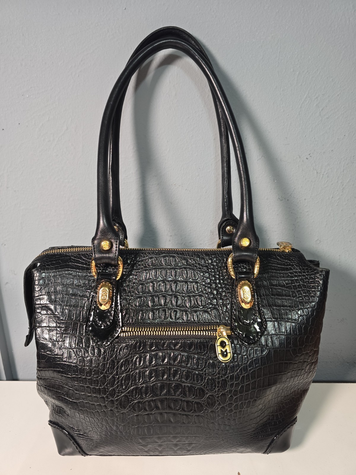 MARINO ORLANDI Crocodile Embossed Leather Zip Satchel 18kt Plate Hardware Italy