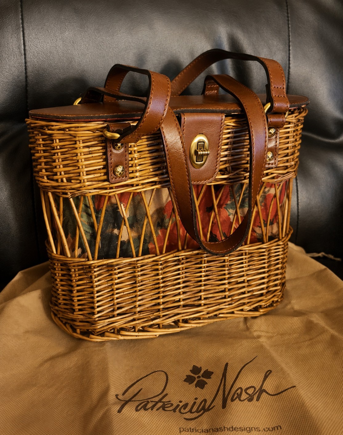 Patricia Nash Spring Wicker Collection Basket Bag Floral Lined Leather Tote NWT