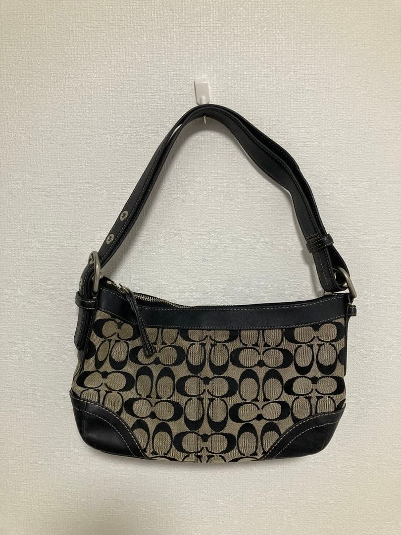 COACH F13012 Signature Shoulder Bag Black Canvas Leather 30cm Adjustable Strap