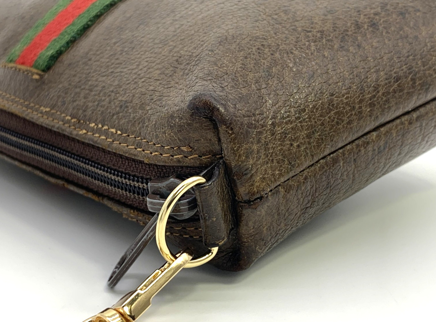 GUCCI VINTAGE Web Stripe Shoulder Bag Chain Strap Leather Brown Rare Authentic