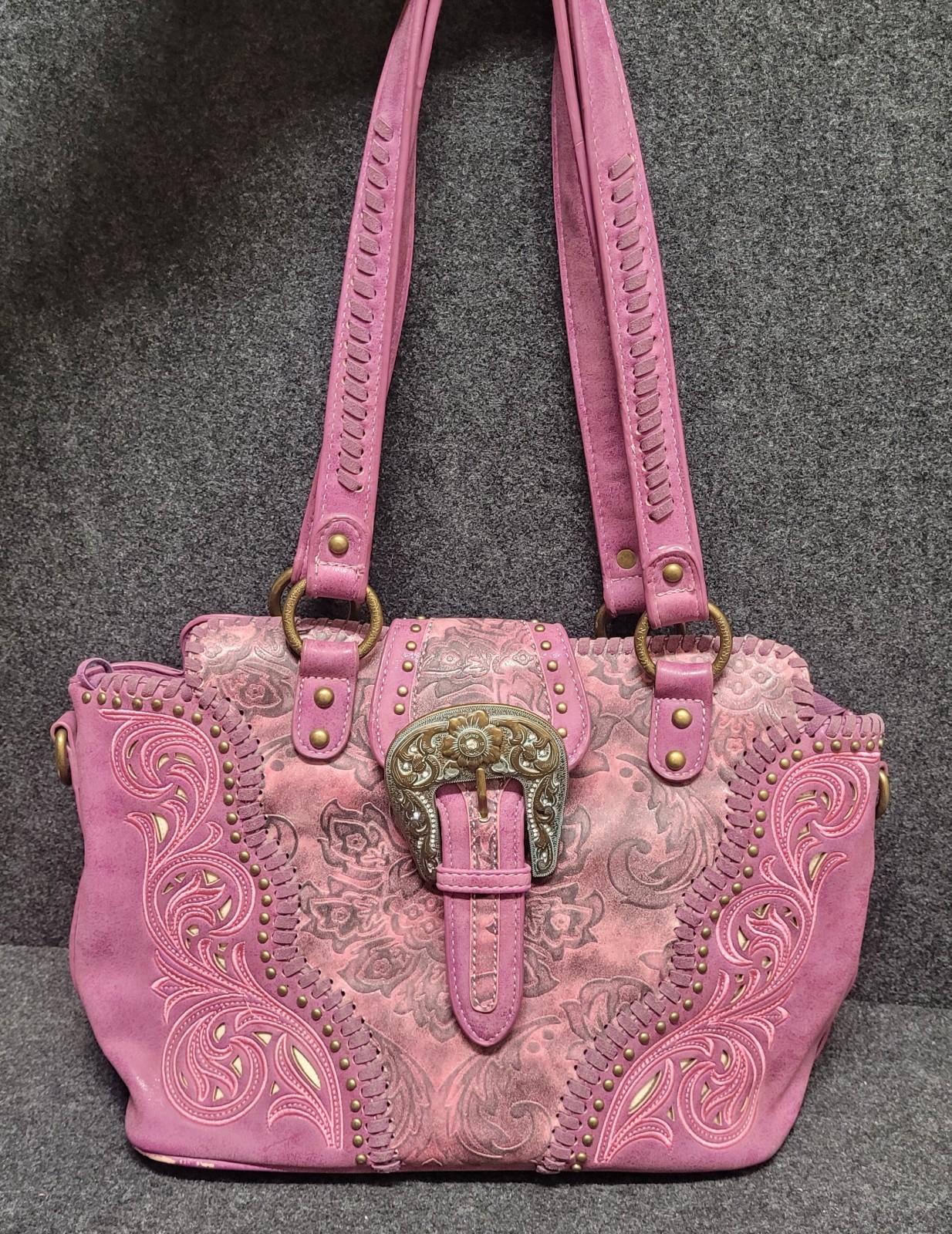Montana West Pink Floral Western Studded Satchel Top Handle Zip Detachable Strap