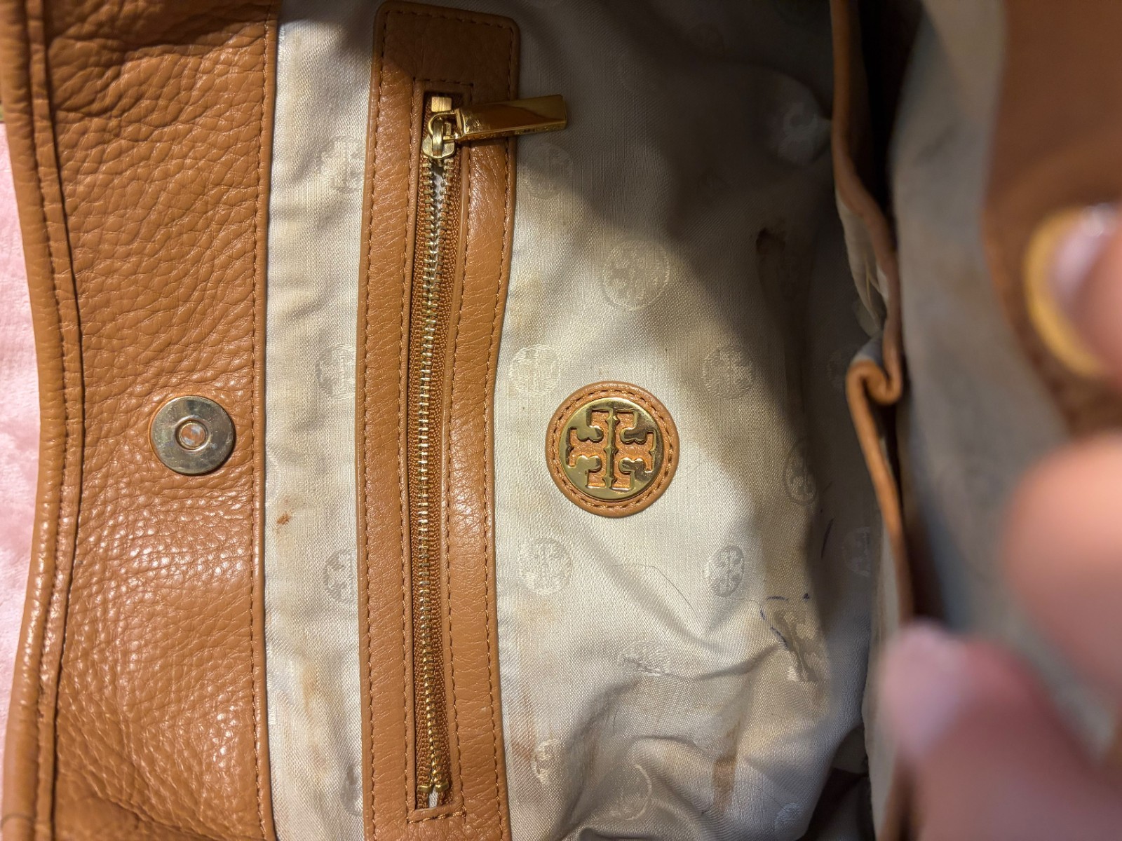 Tory Burch Brown Pebbled Logo Crossbody Shoulder Bag Detachable Strap Gold