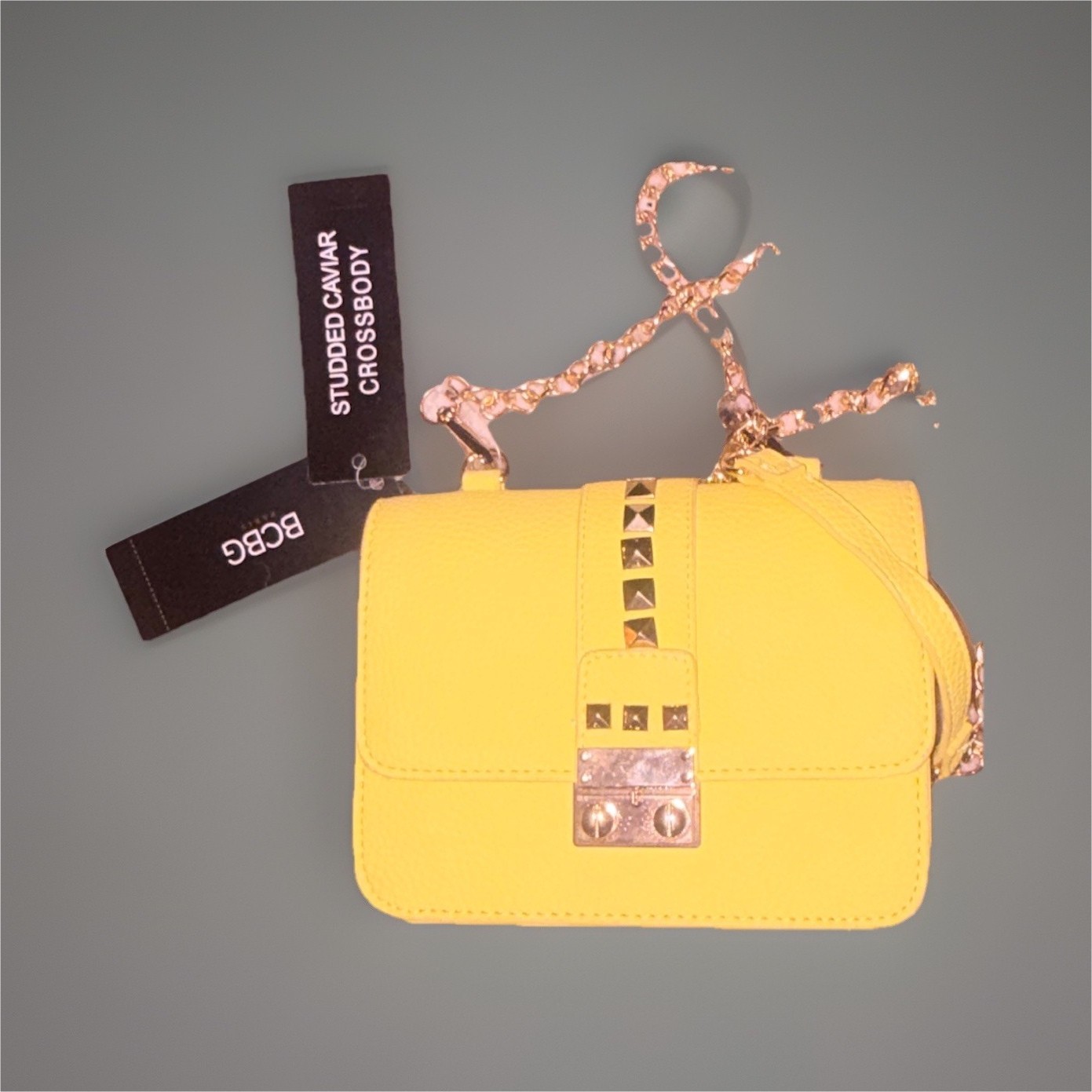 BCBG Yellow Studded Small Women’s Crossbody Bag, Chain Strap, Push Lock