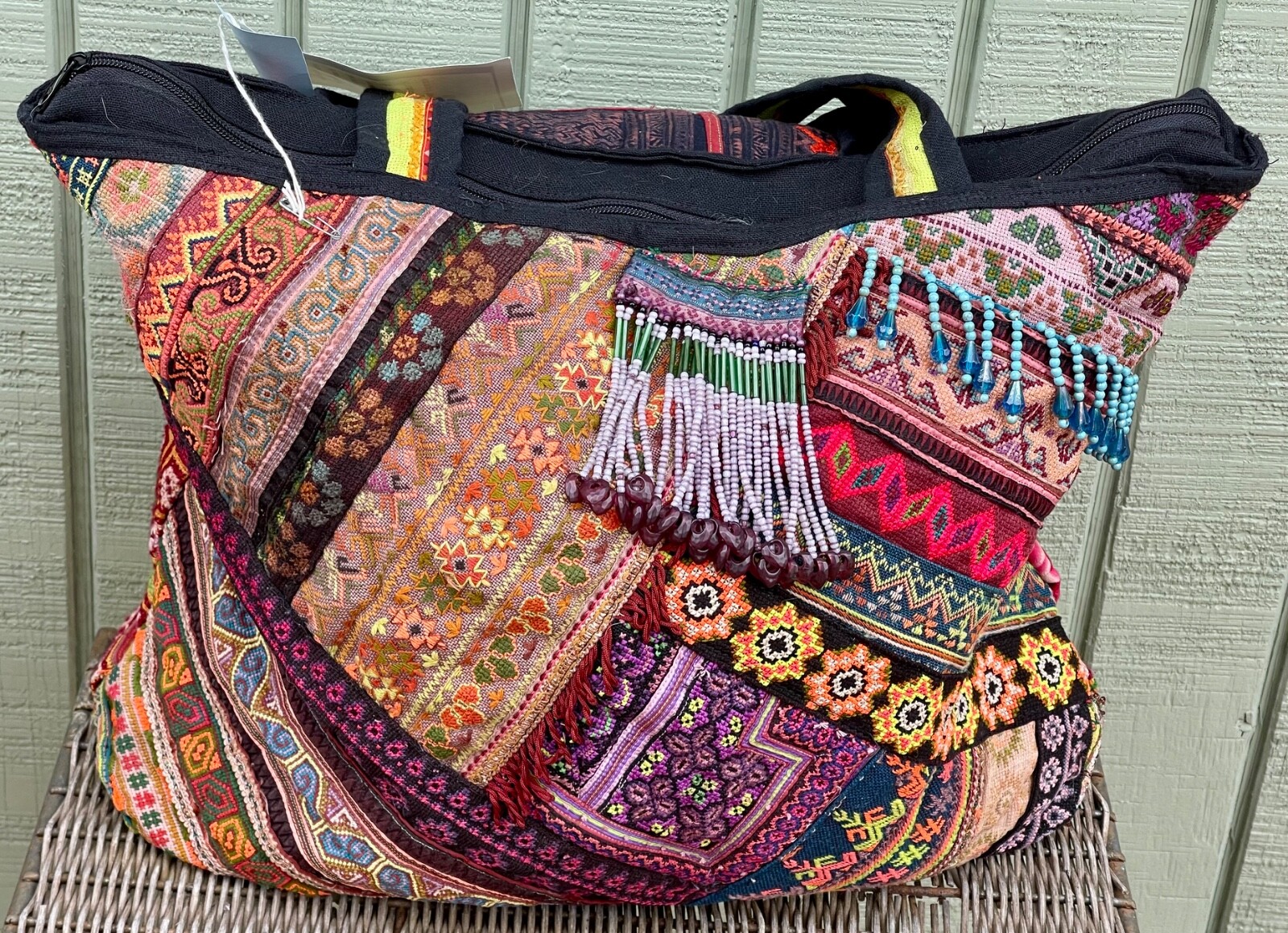 Thai Hmong Embroidered Beads Vintage Cotton Tote Large Boho Festival Bag NWT