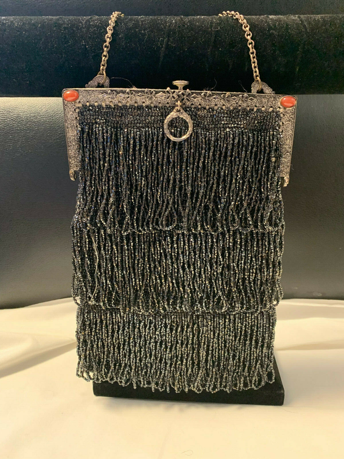 Vtg Fringe Flapper Style Evening Purse Seed Bead Ornate Frame Cabochon