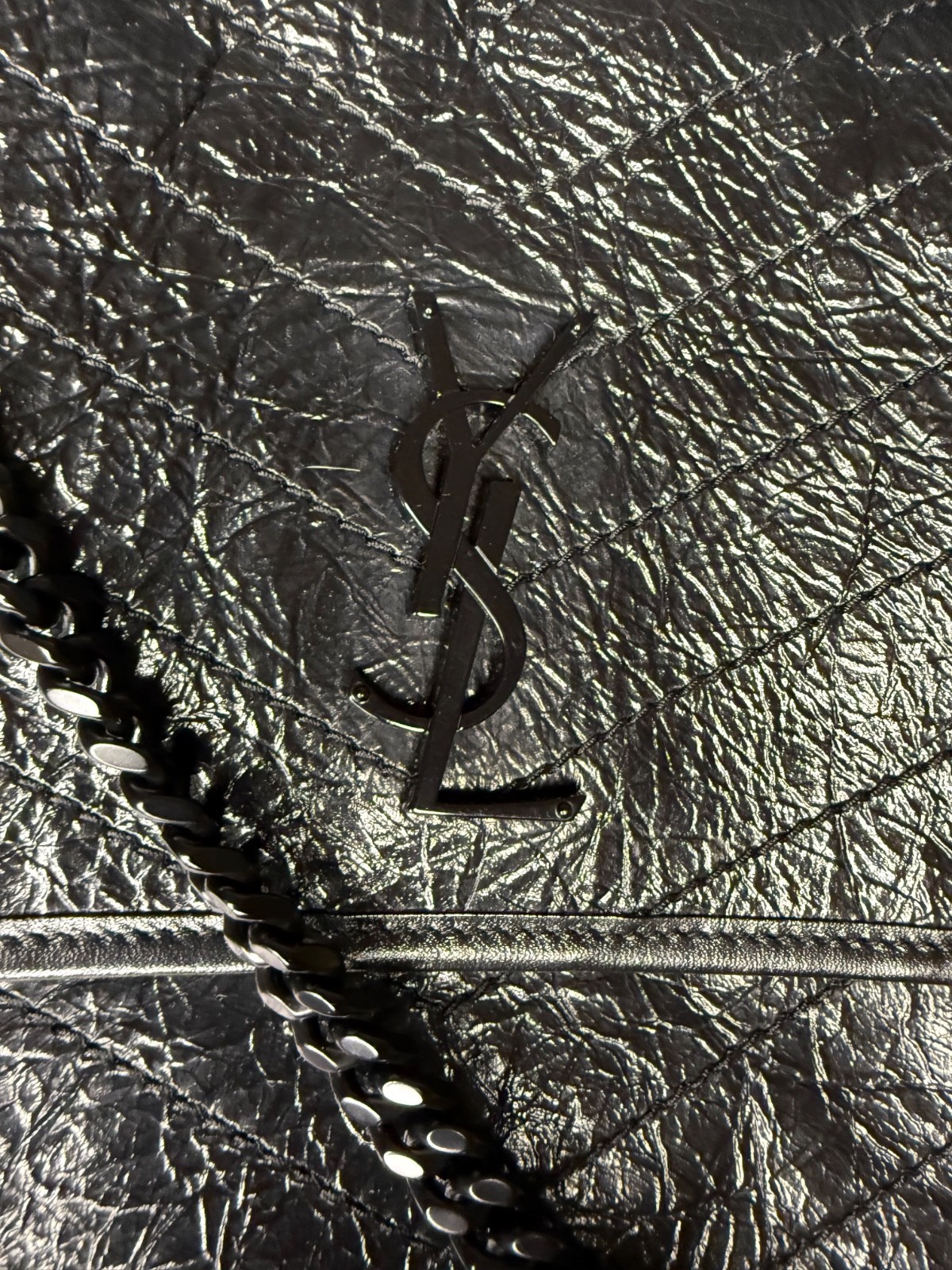 AUTHENTIC YSL Mattelasse bag in crinkled calfskin, black on black