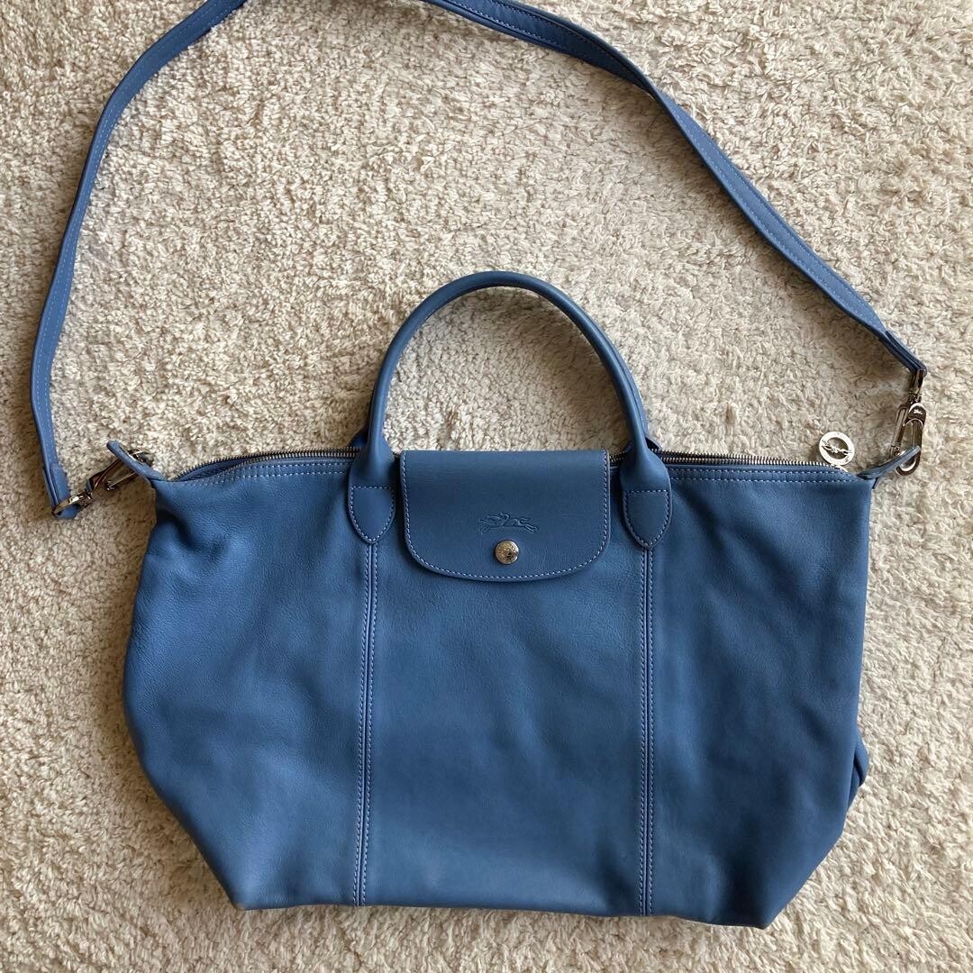 LONGCHAMP Shoulder Bag Le Pliage Cuir Leather Blue Authentic From Japan