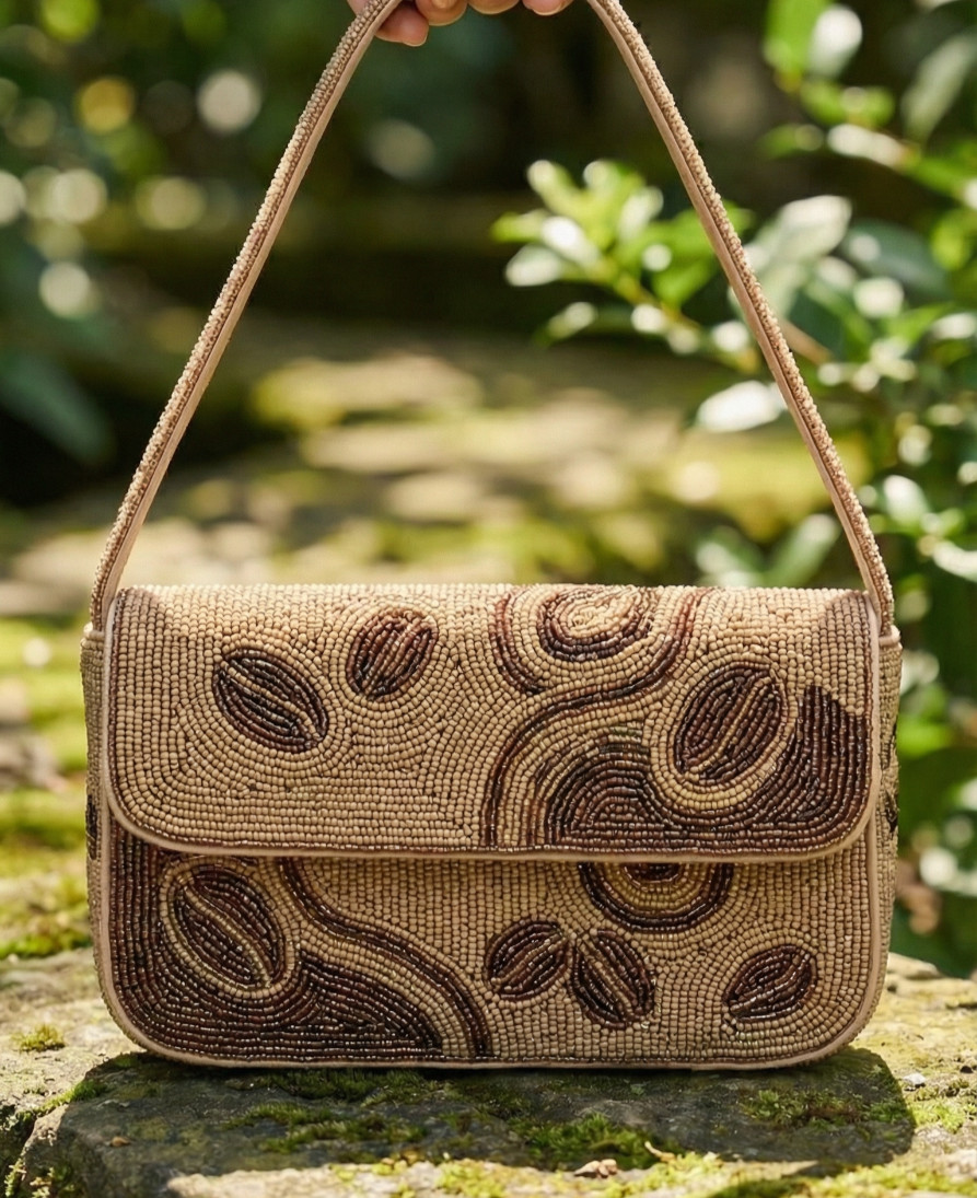Handmade Beaded Coffee Bean Shoulder Bag Boho Latte Mocha Brown Evening Purse