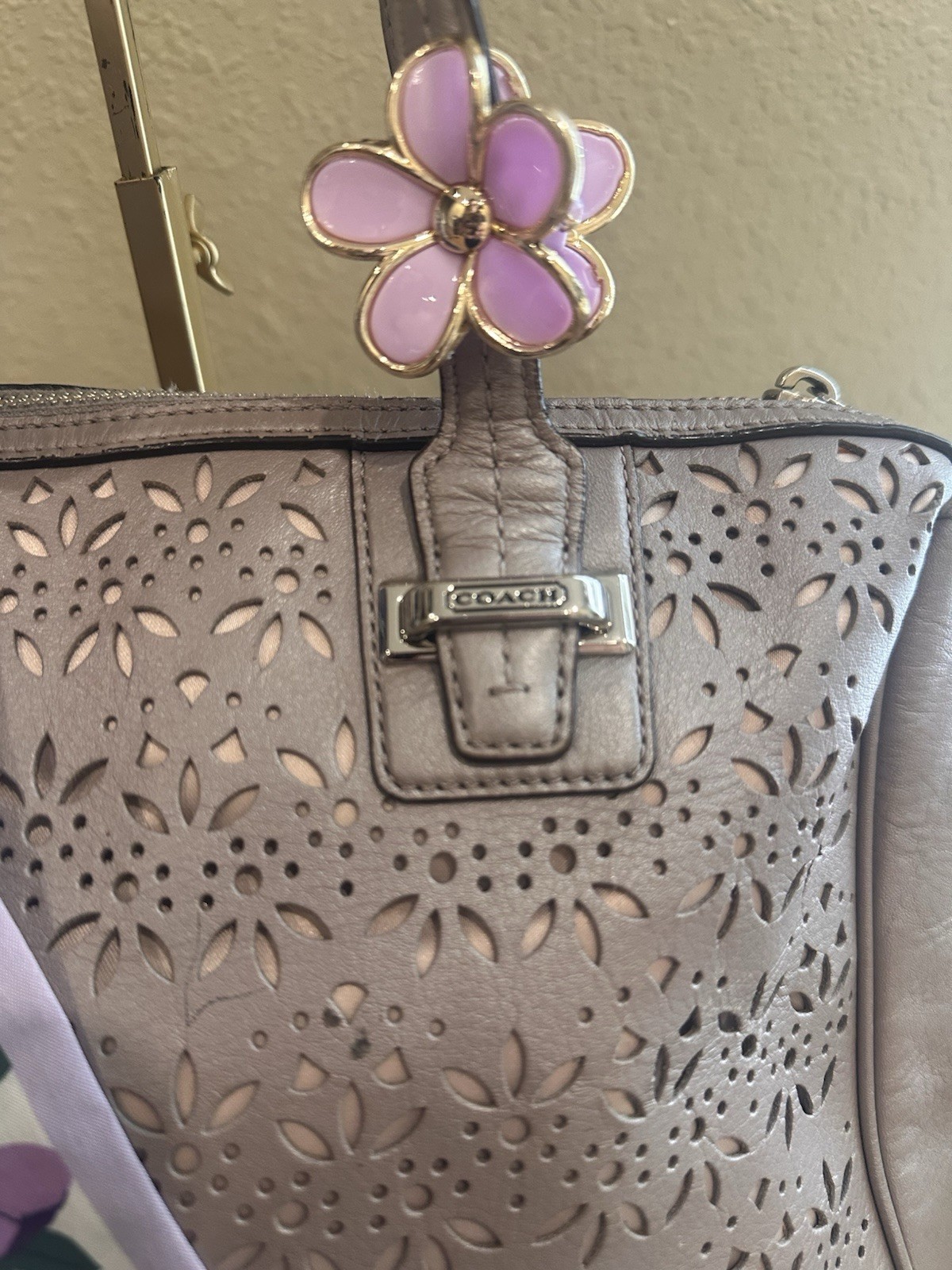 Coach Gray Floral Cutout Medium Satchel Top Handle Zip Detachable Strap Gold