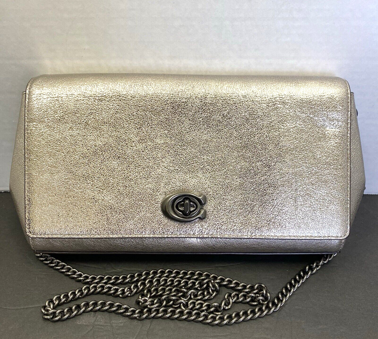 COACH 43023 Metallic Turnlock Clutch Crossbody Chain PLATINUM Leather NWT $225