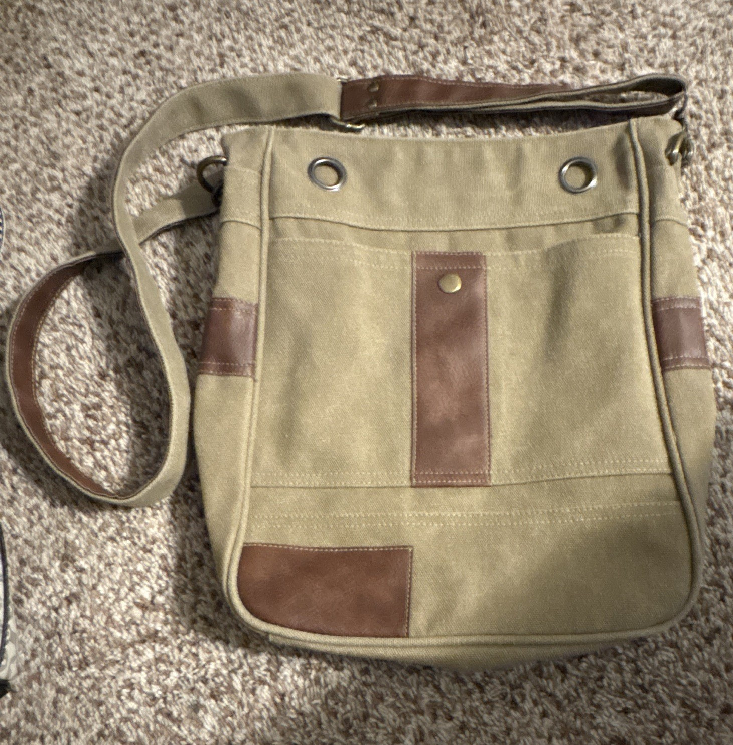 Beige Brown Shoulder Bag Zip Closure Adjustable Strap Inner Pockets Lined