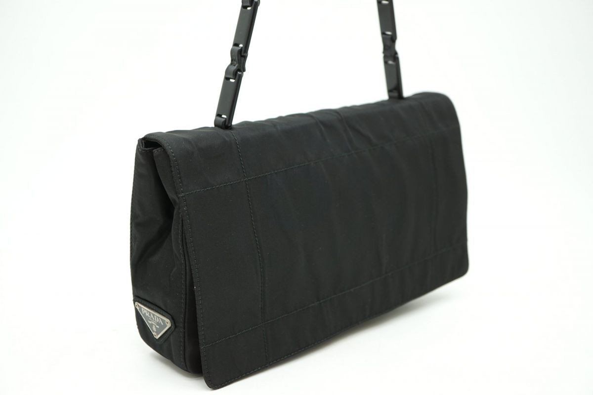 PRADA B9228 Plastic Chain Shoulder Bag Triangle Logo Plate Nylon Black 7170h