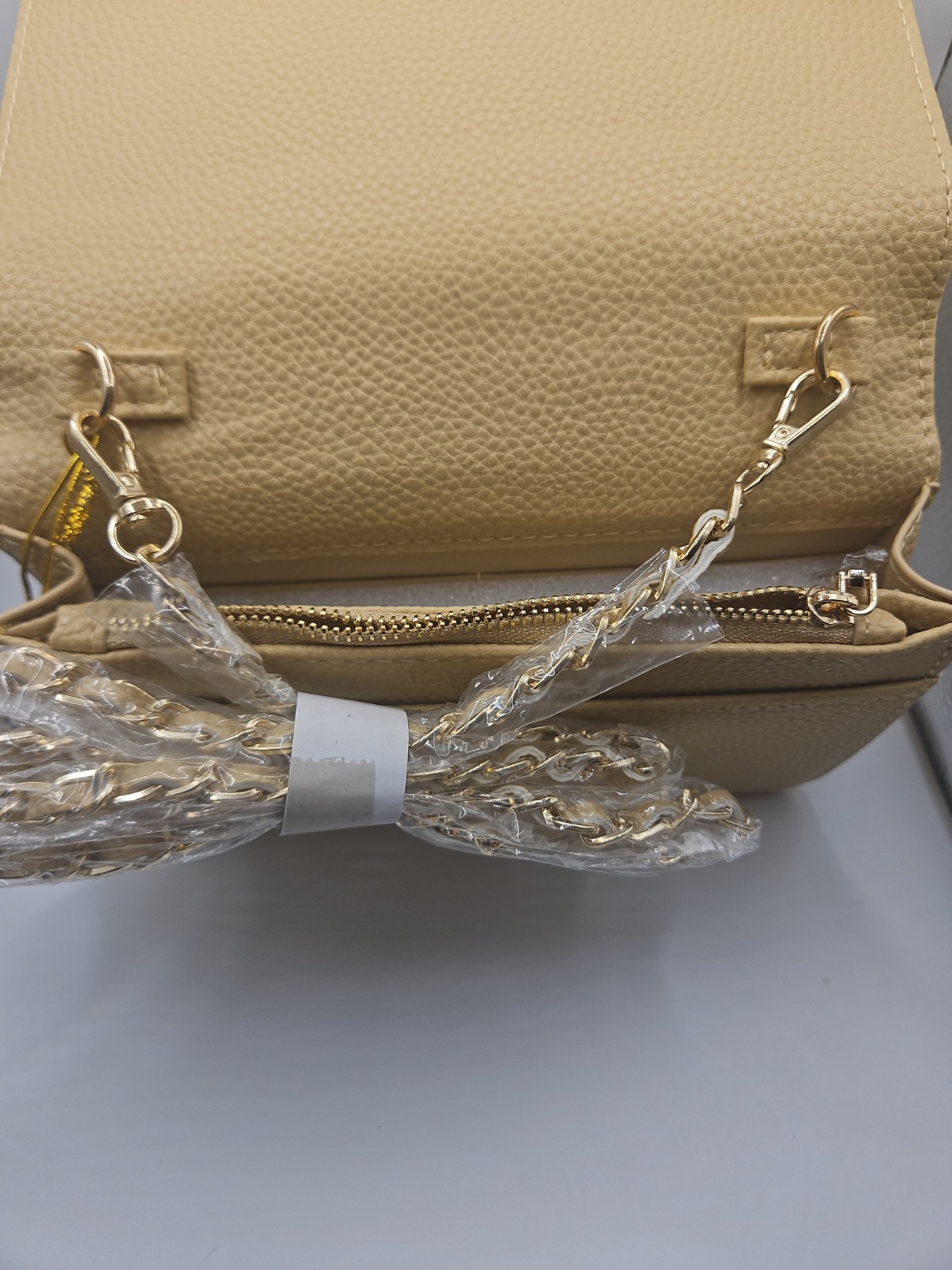 BEBE FABIOLA STAMPED LOGO CROSSBODY HANDBAG, LIGHT SAND COLOR