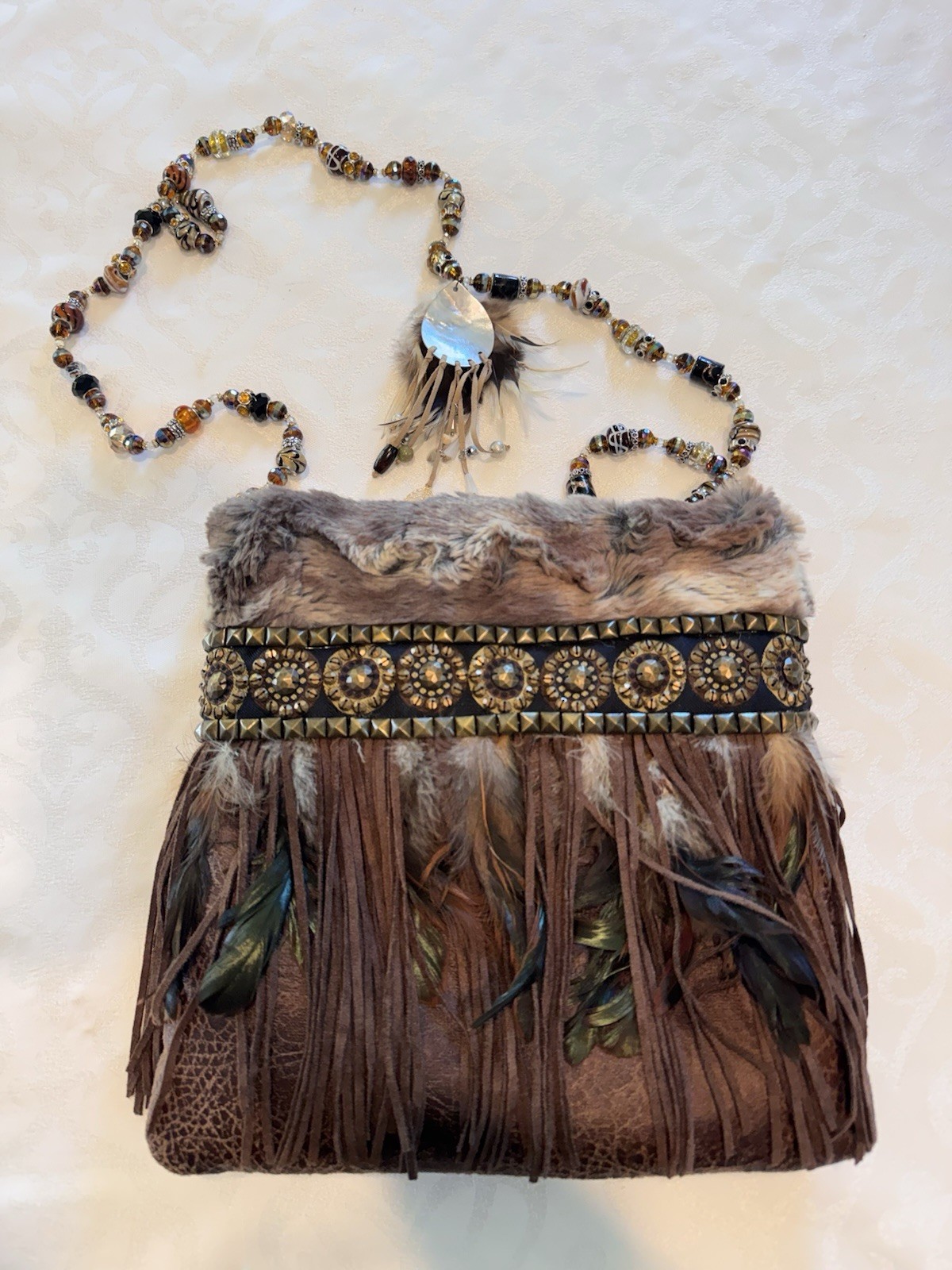Handmade Boho Fringe Crossbody Purse Beaded Strap Faux Fur Feather Festival Bag