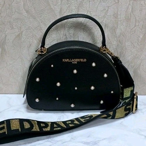 KARL LAGERFELD Maybelle Pearl Studded Blk Gold Convert Crossbody Satchel Bag NWT