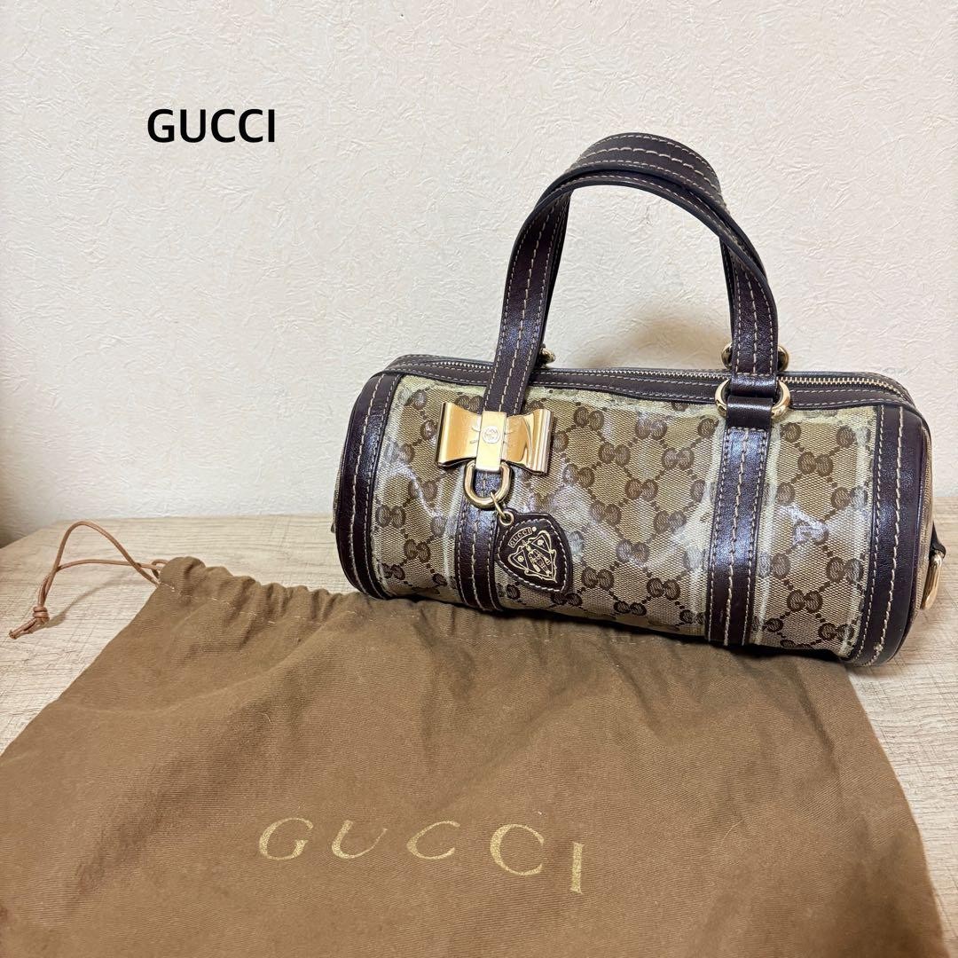 Authentic GUCCI Mini Boston Bag Brown Coated Leather 14cm x 27cm x 13cm Damaged