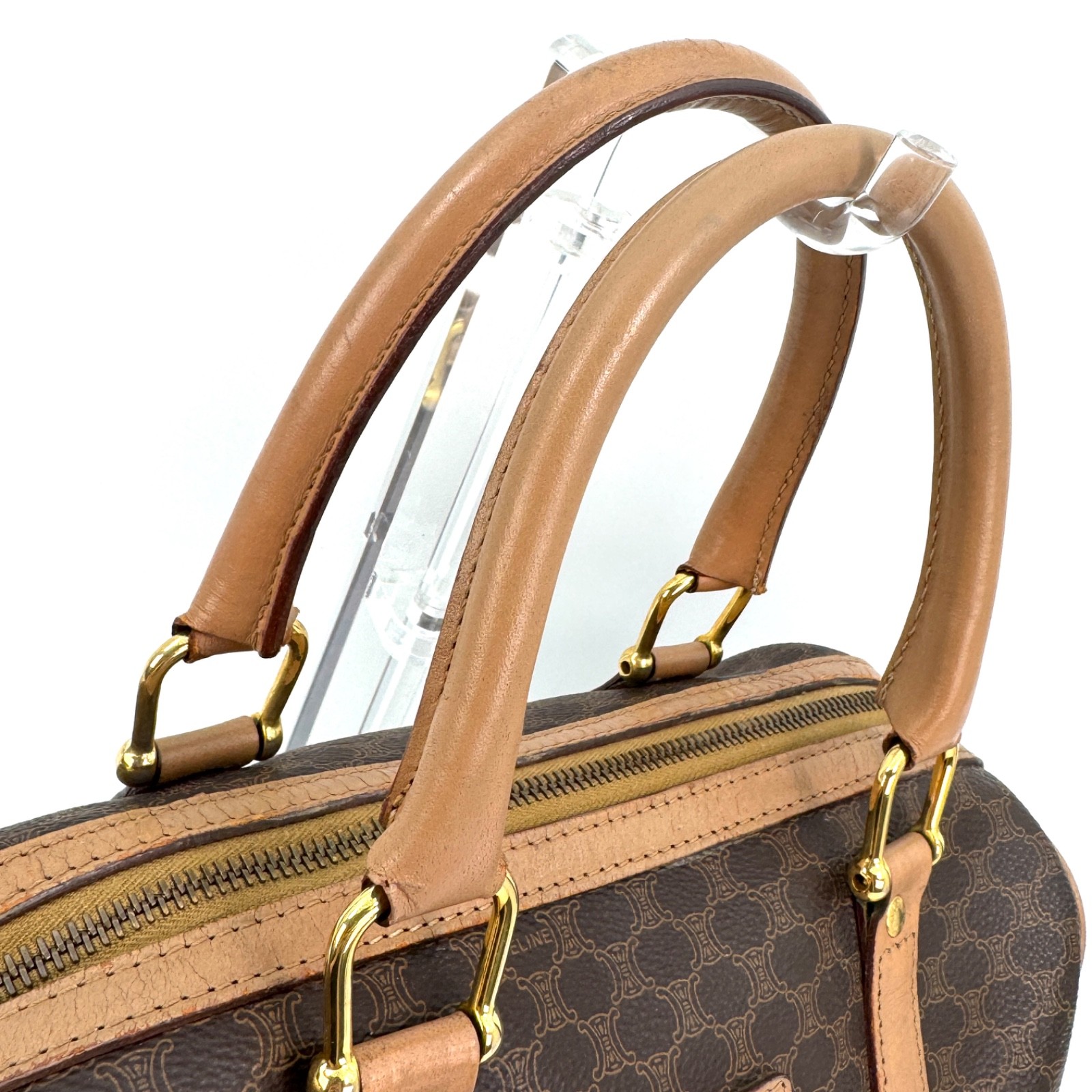 CELINE Mini Boston Bag Macadam PVC Leather Brown Vintage Authentic