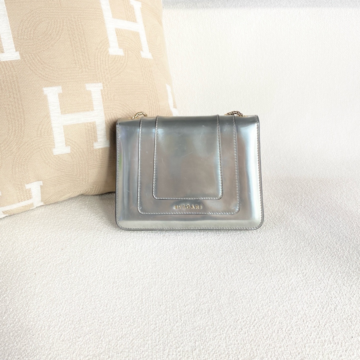 Bvlgari Serpenti Forever Small Flap Crossbody Metallic Silver Patent Leather Bag
