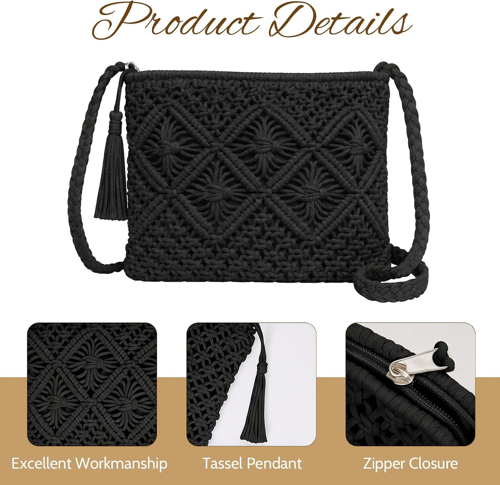 Women’s Crossbody Handbag Cotton Rope Boho Shoulder Purse with Tassel for Summer
