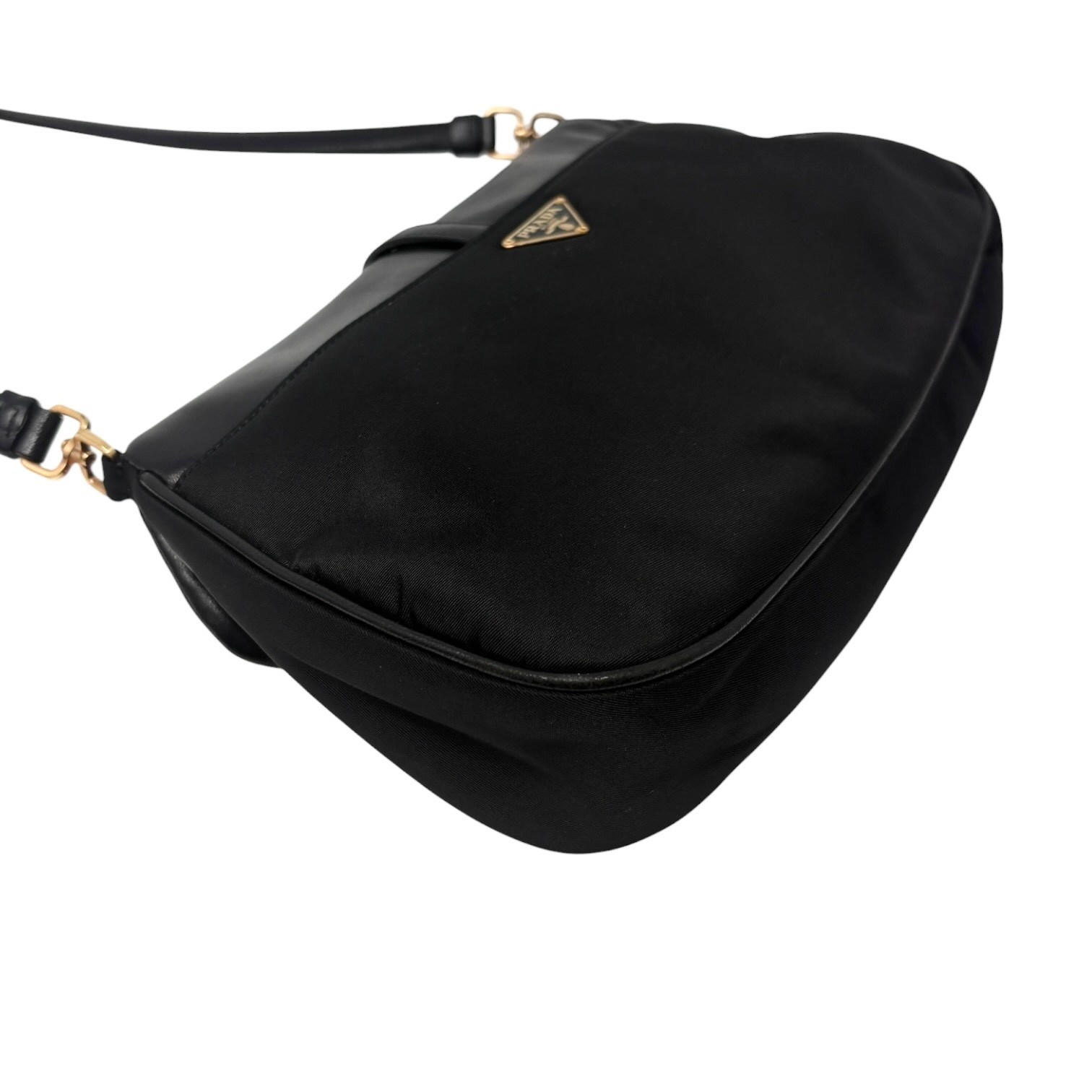 PRADA Vintage Triangle Logo Tessuto Nylon Shoulder Bag Black Leather 901925