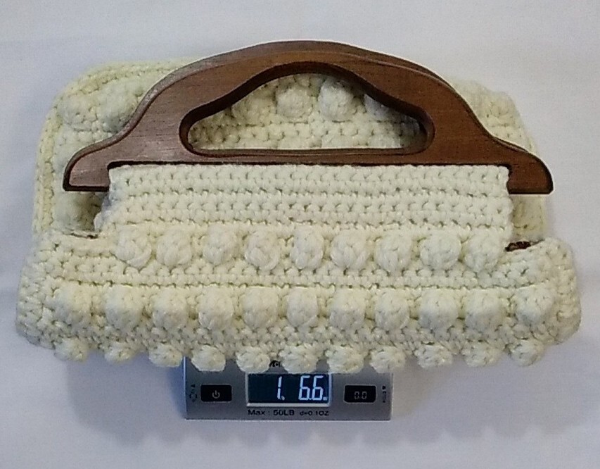 Homemade Boho Ivory Hand Crochet Clutch Wooden Handle Lined with Quilting Fabric