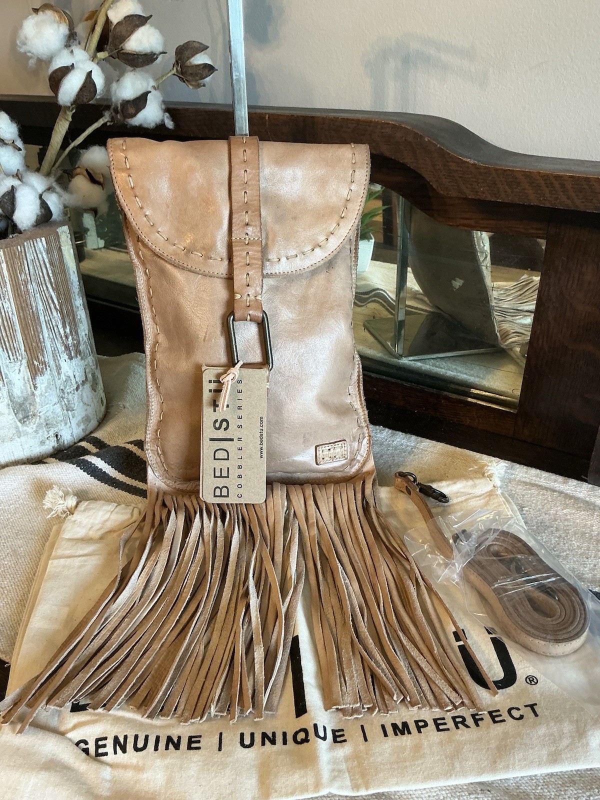 NWT Bed Stu Leather SANDY LANE II Oats Dip Dyed Fringe Crossbody Bag MSRP $165