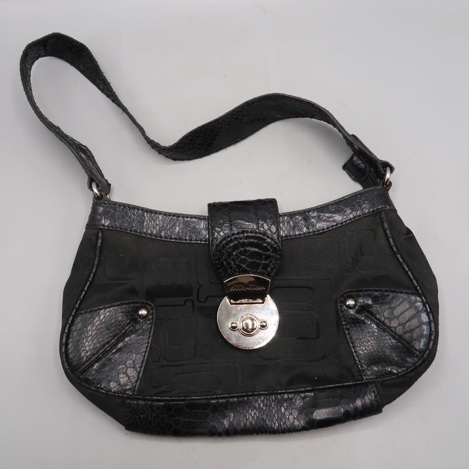 ATTENTION women’s purse handbag black pockets Shoulder Bag Faux Textured Leather
