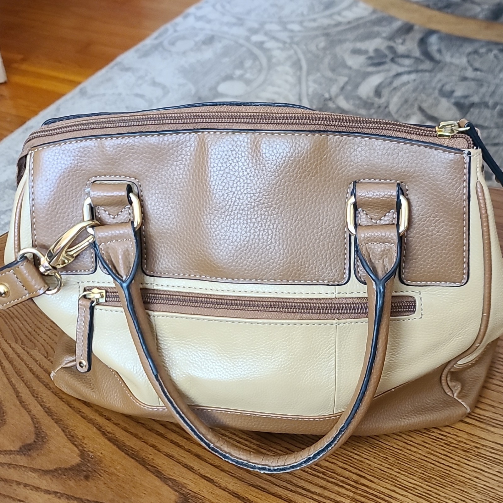 Tignanello Two-Tone Brown/Beige Pebbled Satchel Zip Detachable Strap