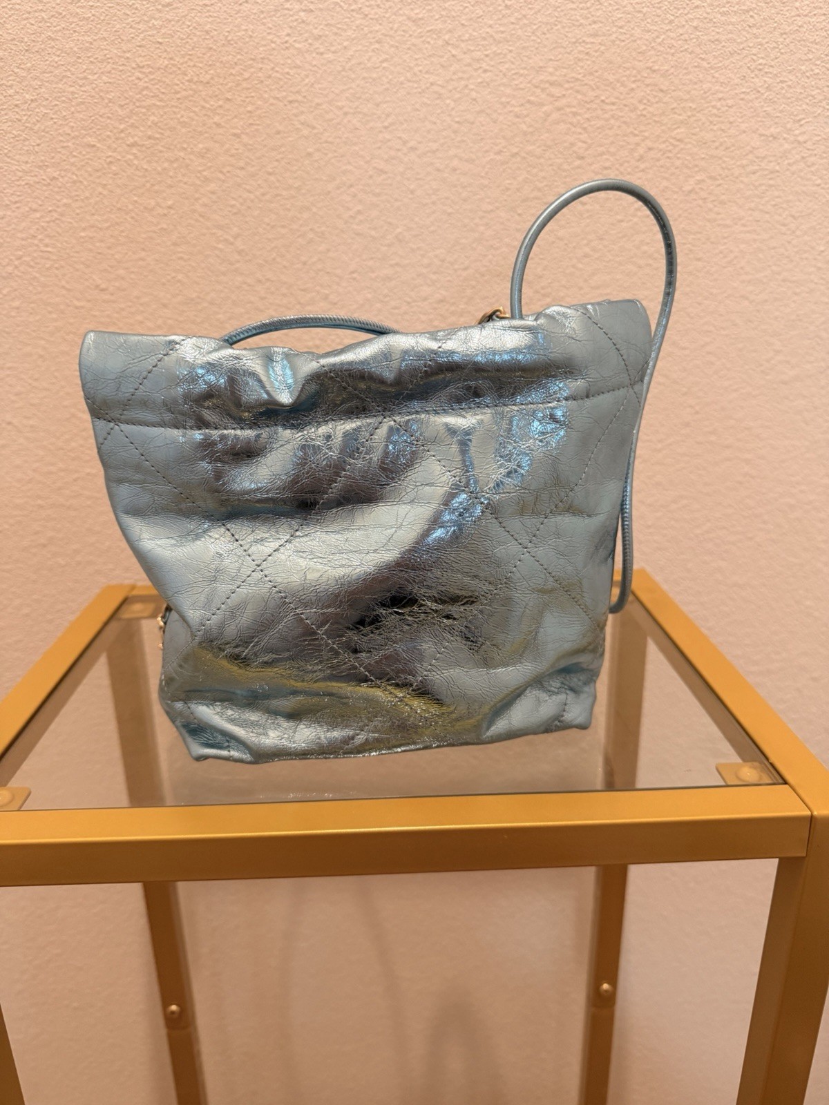 CHANEL Metallic Calfskin Quilted Mini Chanel 22 Blue