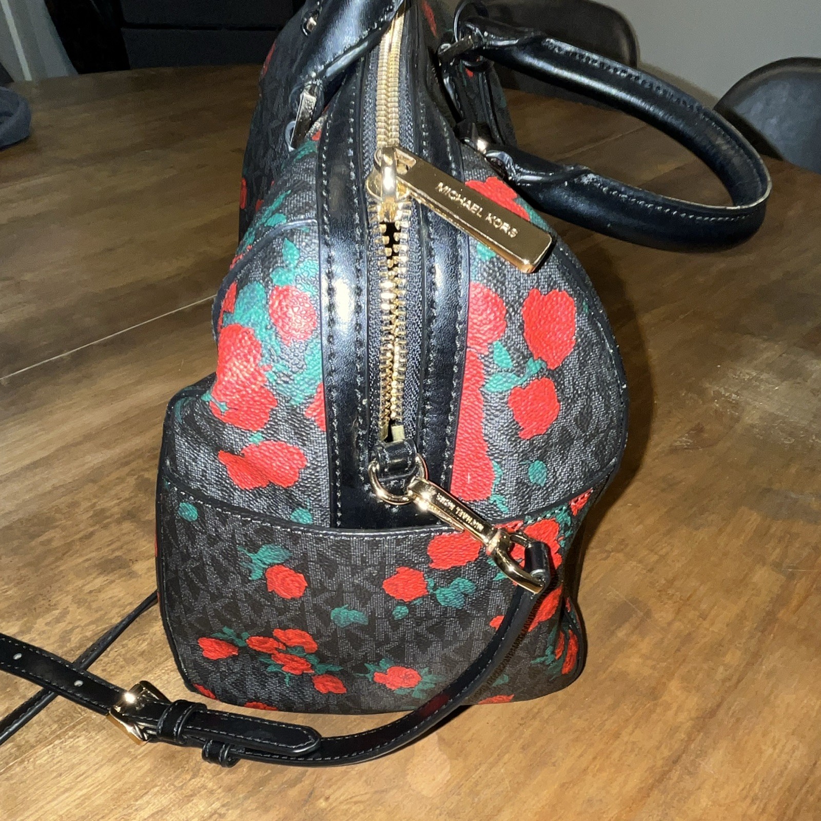 Michael Kors Hayes Black Red Rose Pebbled Leather Satchel MK