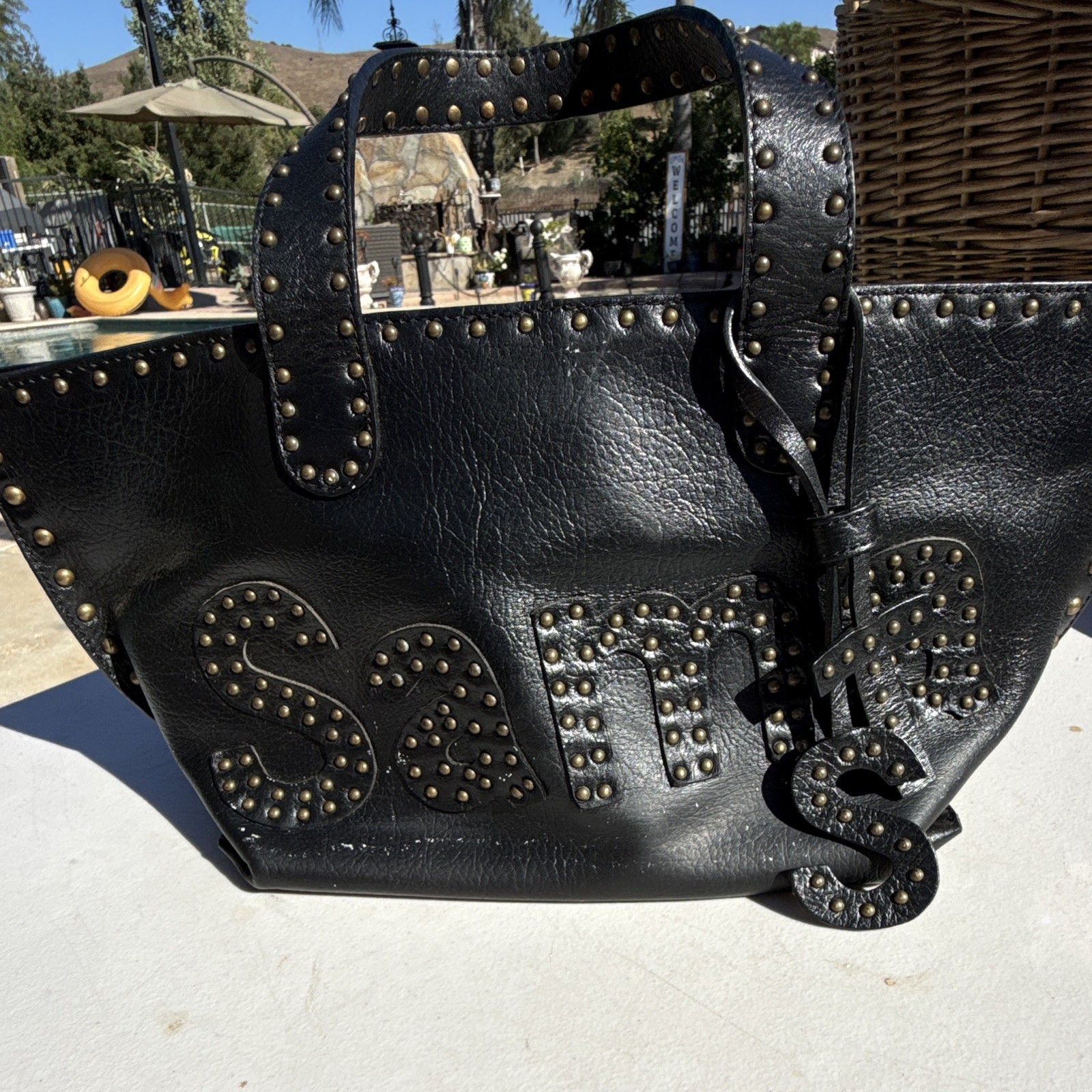 Samantha Thavasa Black Leather Y2K Black Studded Tote Handbag Initials Tag NWT 2