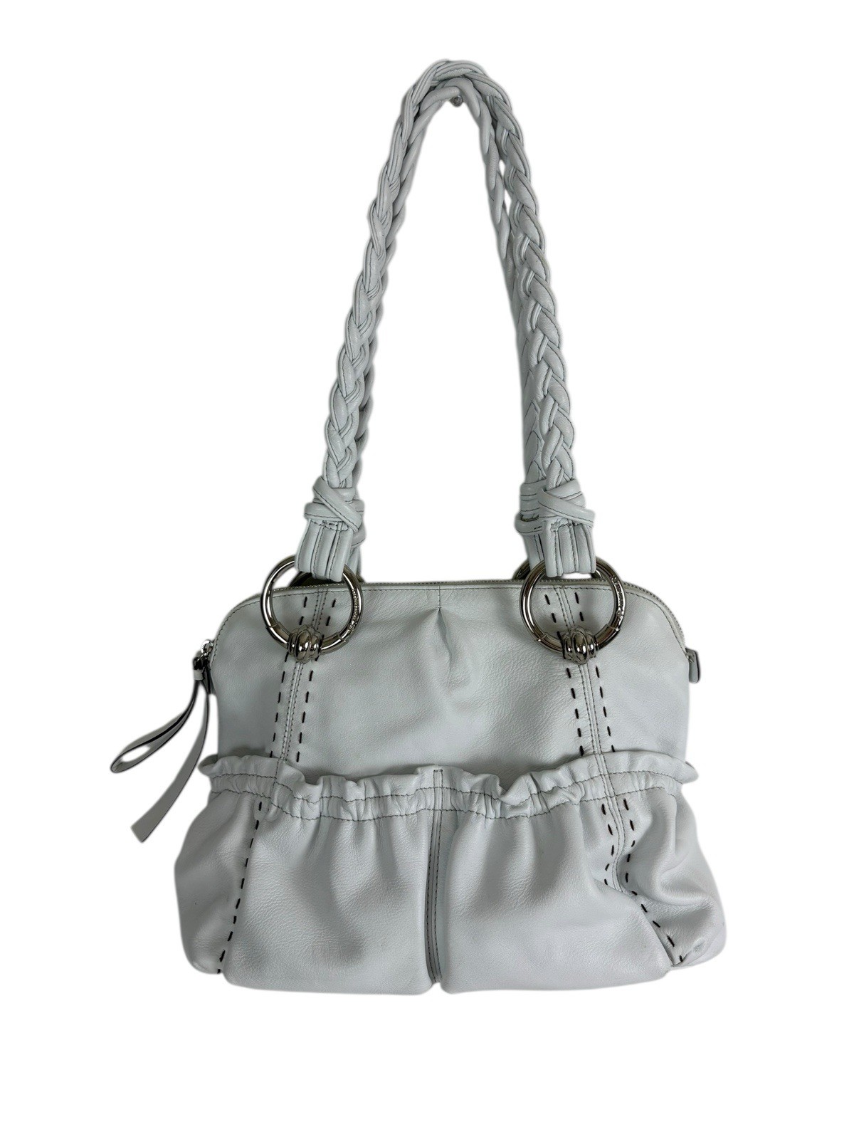B Makowsky White Leather Shoulder Bag Double Braided Strap Side Pockets 14x10x5