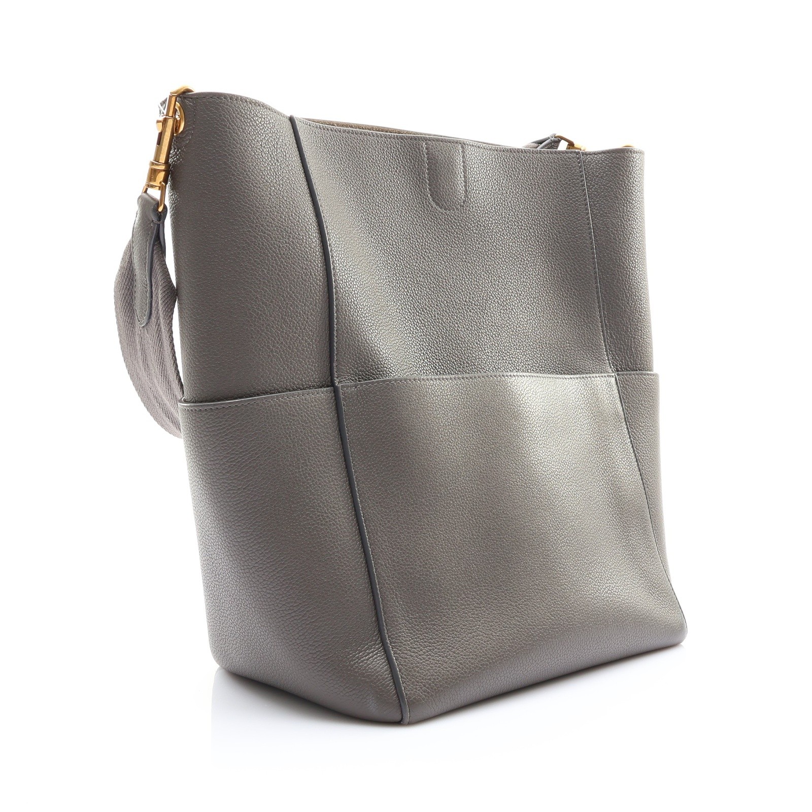 CELINE Sangle Bucket Shoulder Bag Grey Grained Calfskin Leather