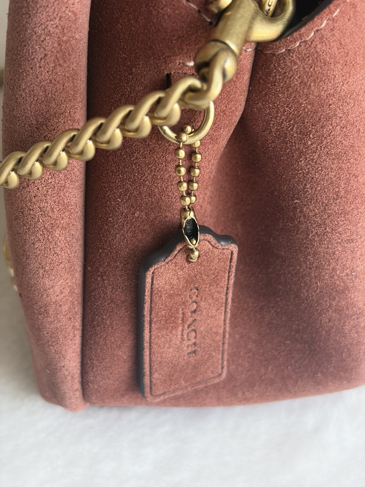 Coach Brown Solid Top Handle Bag Chain Strap Logo Hangtag Detachable Gold