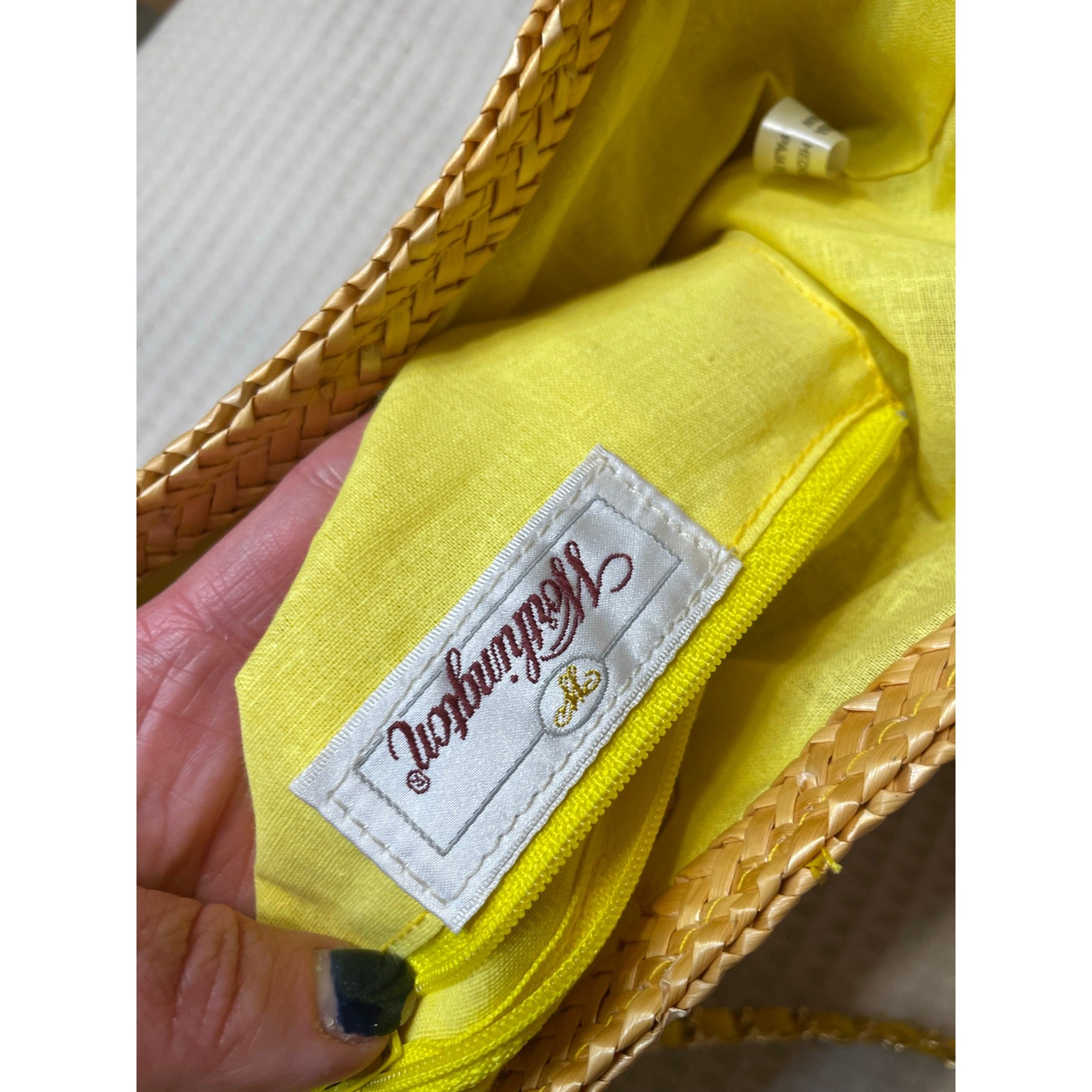 VTG Worthington Straw Bucket Bag W/ Gold Chain Strap & Bright Yellow Lining
