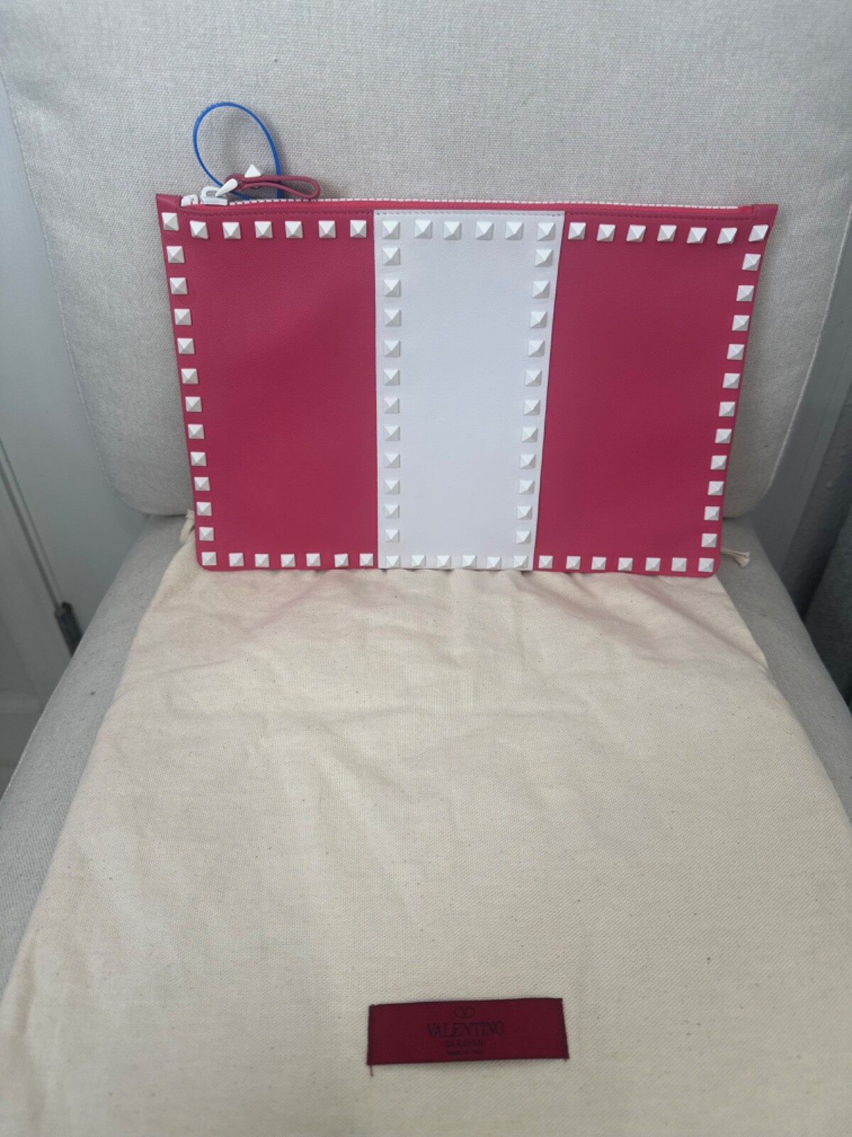 Valentino Garavani Pink and White Studded Zipper Clutch / Pouch NWT