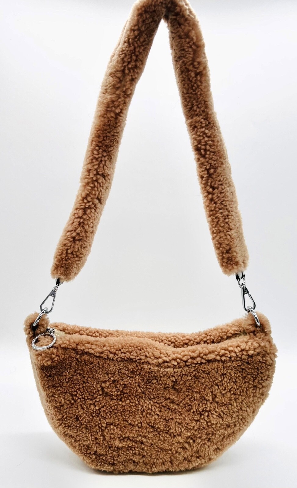 Women’s 100% Handmade 2-WAYs Sheepskin Fur Halfmoon Shoulder Bag Leather Lined M