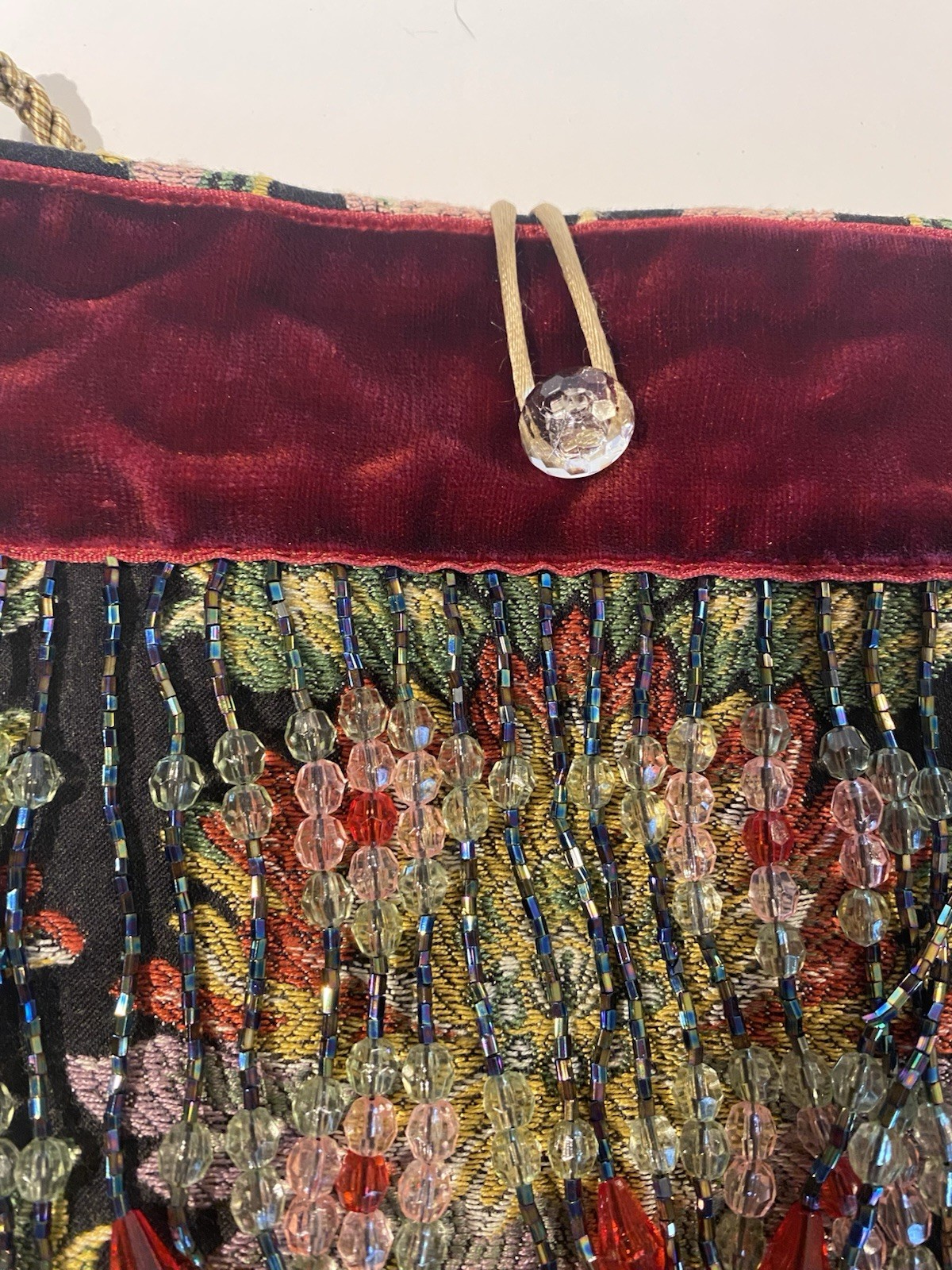Dorit Collection Vintage Floral Tapestry Evening Bag Beaded Fringe Velvet Trim