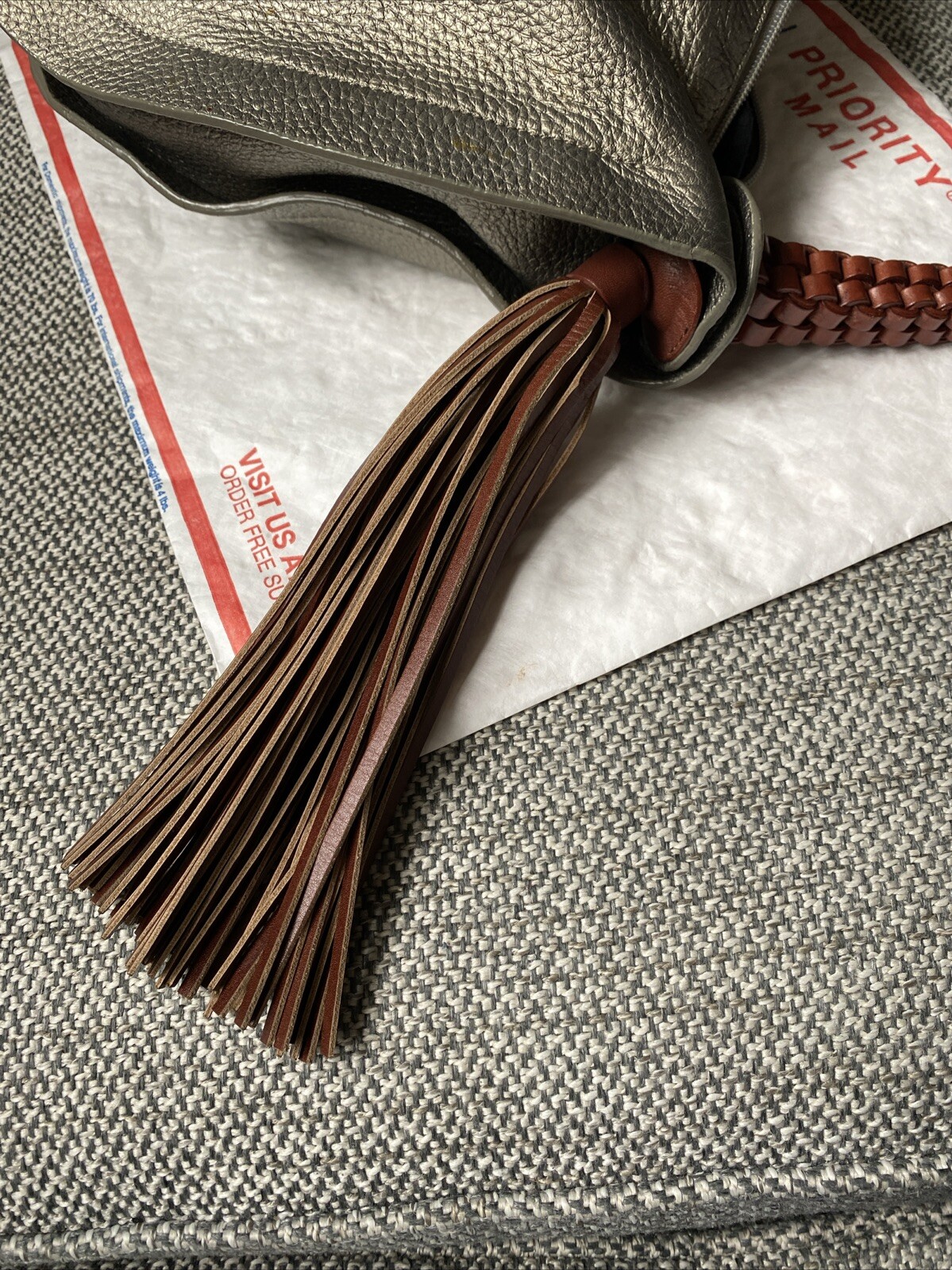 Borsetta Milano Light Gold Metallic Leather Shoulder Bag Brown Braided Strap