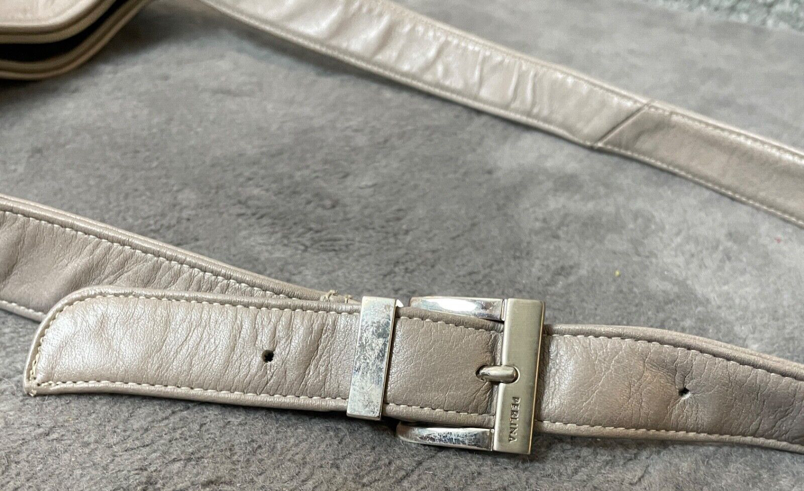 Perlina New York Womens Crossbody Handbag Gray Zip Close Outside Zip Leather