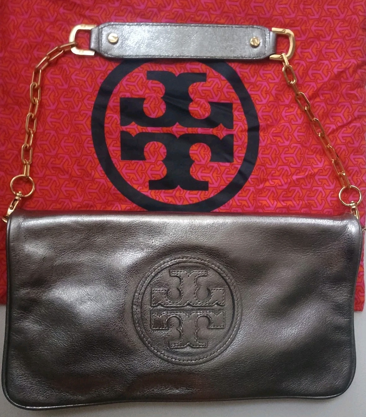 Tory Burch Handbag Shoulder Bag Steel Gray w/Chain Free Shipping w/ Dust Bag New