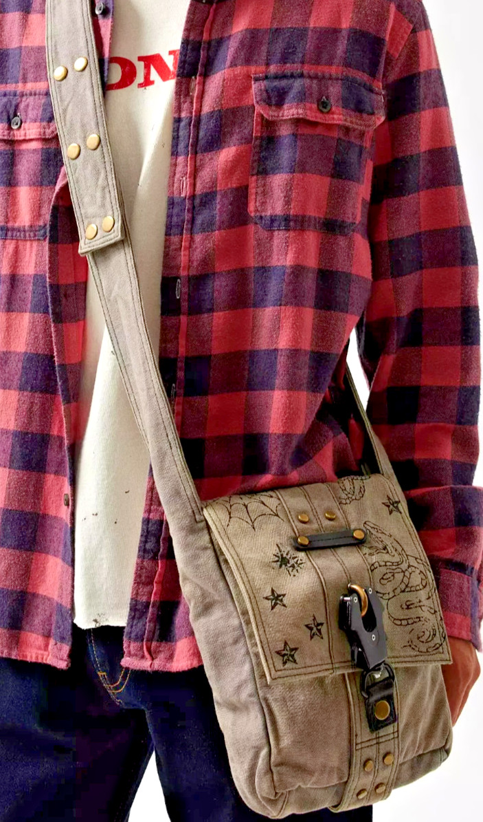 Gothic Courier Canvas Sling Messenger Bag Snake Spider Web Star Rivet Grunge New