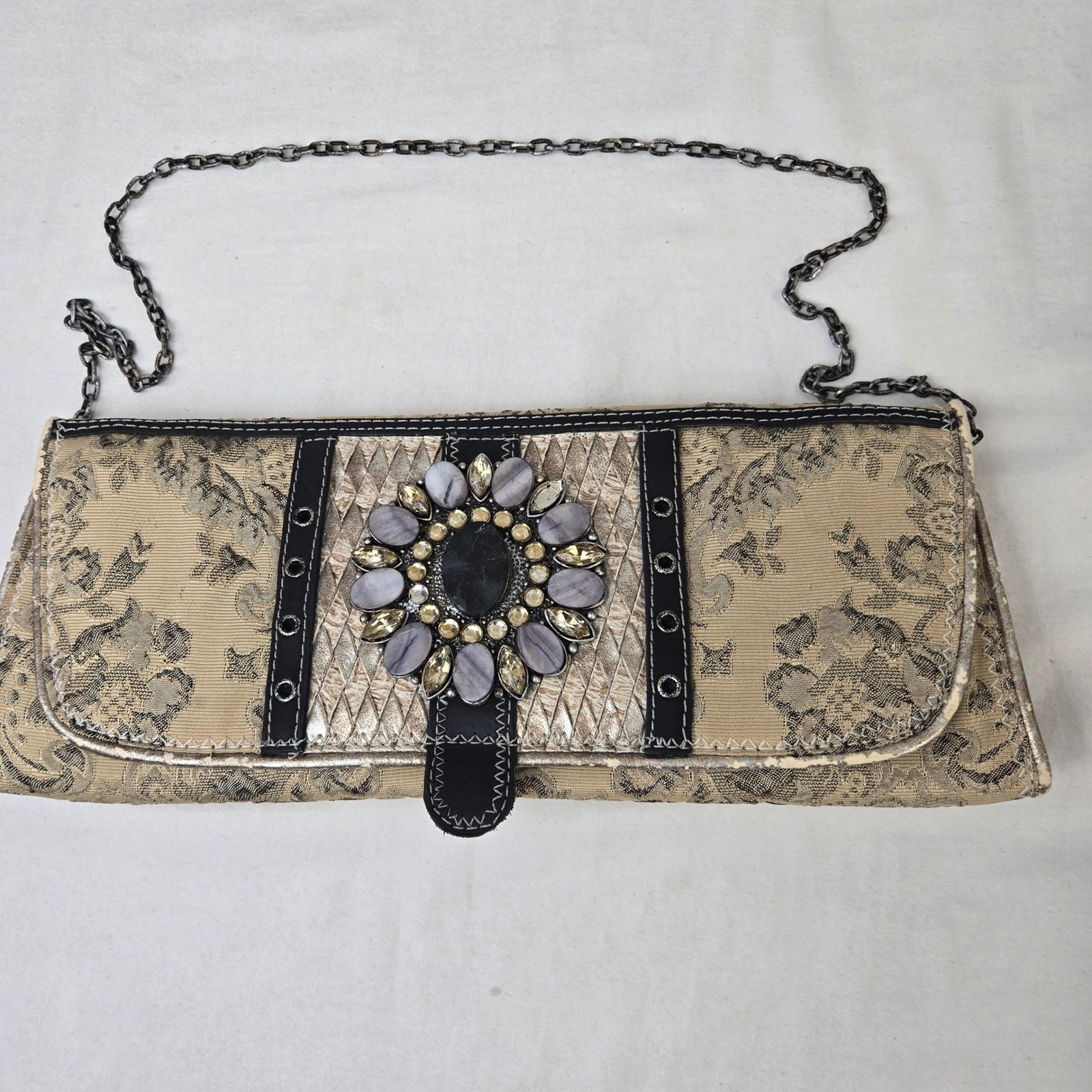 Mary Frances Beaded Gemstone Embellished Clutch Evening Boho Bag Tapestry Floral