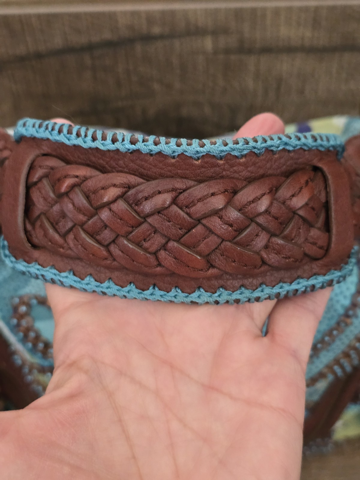 Isabella Fiore Hobo Shoulder Bag Beaded Brown Leather & Canvas Teal