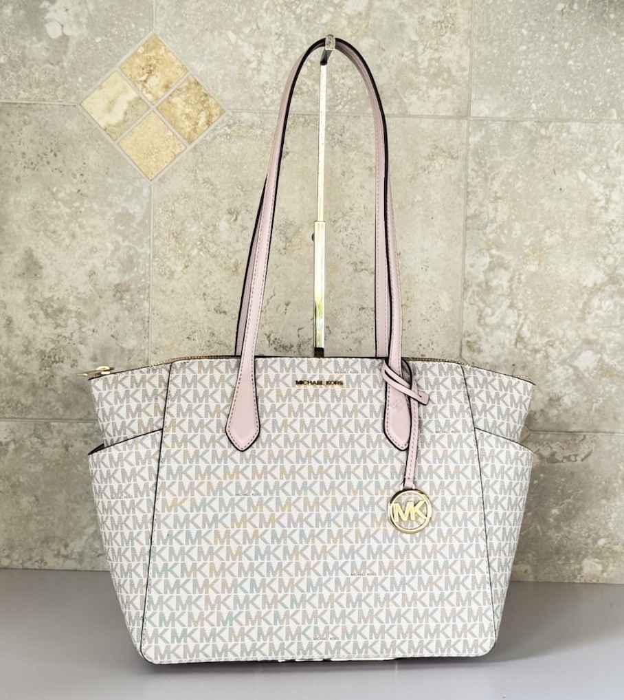 Michael Kors Marilyn Medium Top Zip Shoulder Tote Bag MK Vanilla/Pink
