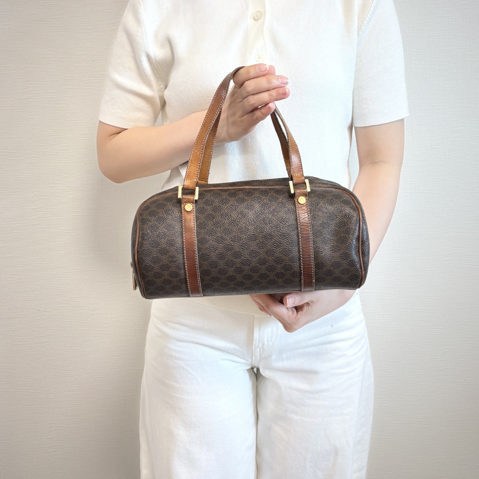 CELINE Macadam Barrel PVC Leather Mini Boston Handbag Brown